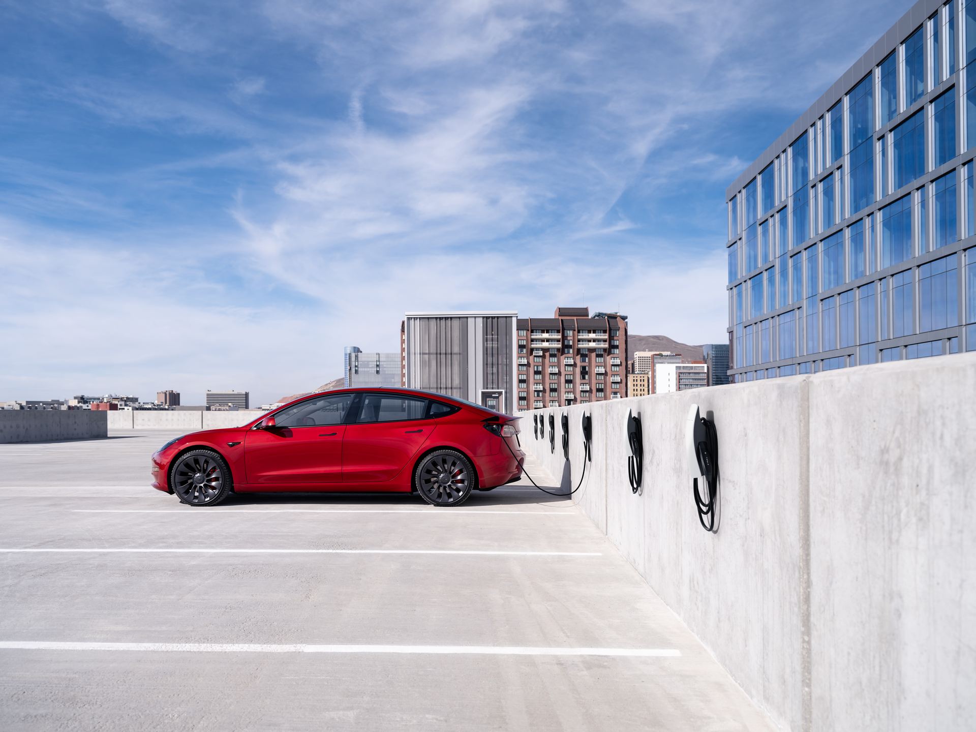 EV charging bays on a commercial parking structure