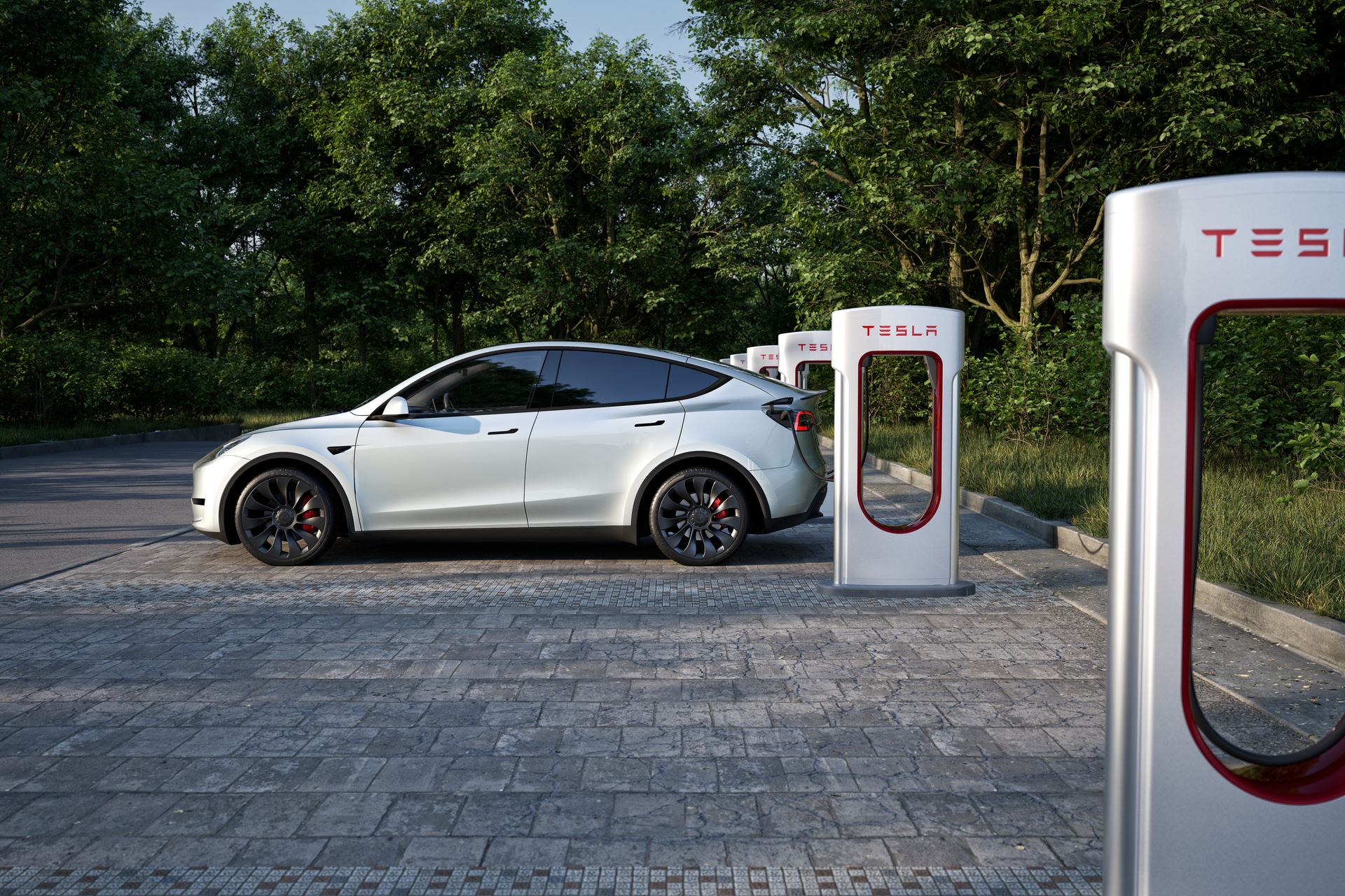 Tesla charging at a V4 Supercharger post